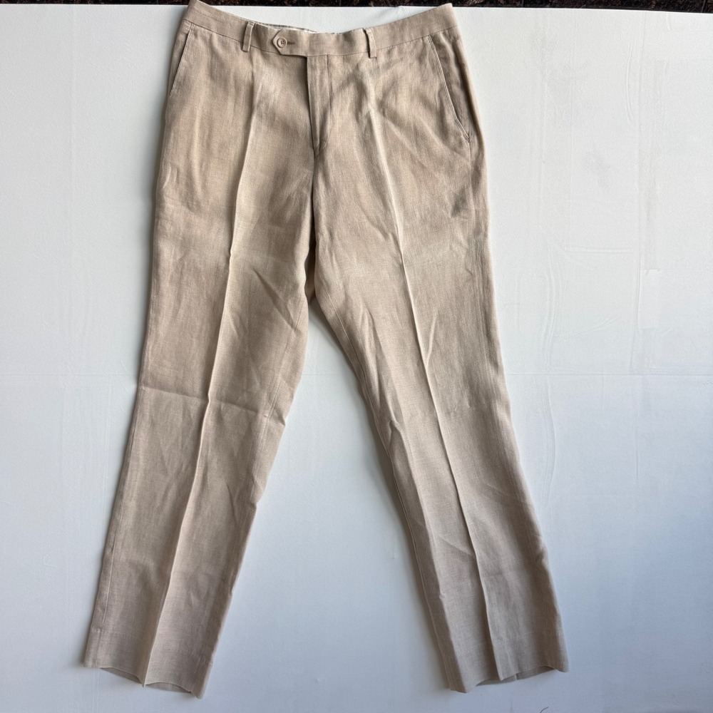 Paul Fredrick Mens Tan 100% Linen Flat Front Dress Pants Size 36 Tall Classic - Picture 2 of 14